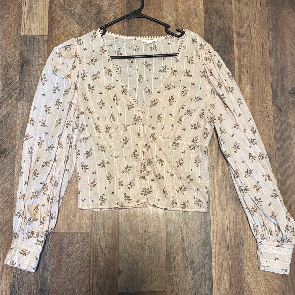 Blu Pepper Swiss Dot Babydoll Ditsy Floral Top Size L Pink Cottagecore Milkmaid
